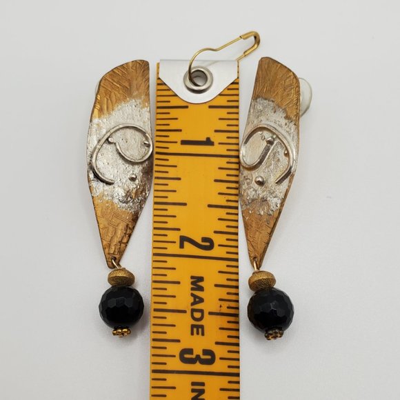 Hand-Crafted Artisan Earrings - Burnished Gold/Silver Tone - Black Dangle - Picture 8 of 8